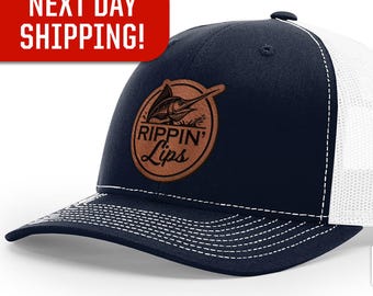 Saltwater Fishing Hat, Marlin Patch Hat, Swordfish Rippin Lips Trucker Cap Salty Fishing Gifts for Dad Men Him Fisherman Gift Offshore Ocean