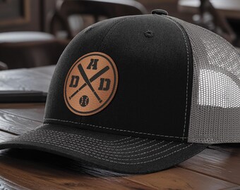 Baseball Dad Hat with Engraved Leather Patch, Fathers Day Gift Trucker Cap, Retro Crossed Bats Snapback Coach Husband Papa Grandpa Birthday