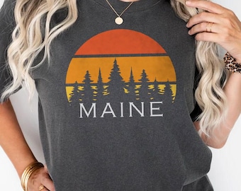 Retro Sunset Maine T-Shirt Comfort Colors Shirt Oversized Unisex Tee Maine Gifts Souvenir Travel Vacation Girls Trip