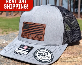 Gorra "El mejor papá del mundo", regalo del Día del Padre para hombres, gorra con la bandera estadounidense para veteranos militares patriotas, parche de cuero grabado, Richardson 112 Trucker