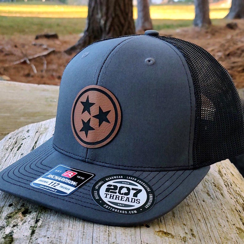 Tennessee Trucker Hat - Charcoal / Black HaTennessee Hat, Tennessee Vols Fan Gift, Tenn Tri Star Flag Hat for Men & Women, TN State Flag Leather Patch Hat USA Trucker Snapback Capt - Leather Patch Hat