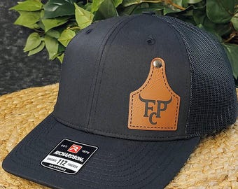 Custom Cattle Tag Hat, Cow Farmer Gifts, Beef Cattle Rancher Hat, Riveted Ranch Brand Logo Tag Patch Hat, Rodeo Trucker Hat Gift for Farmers