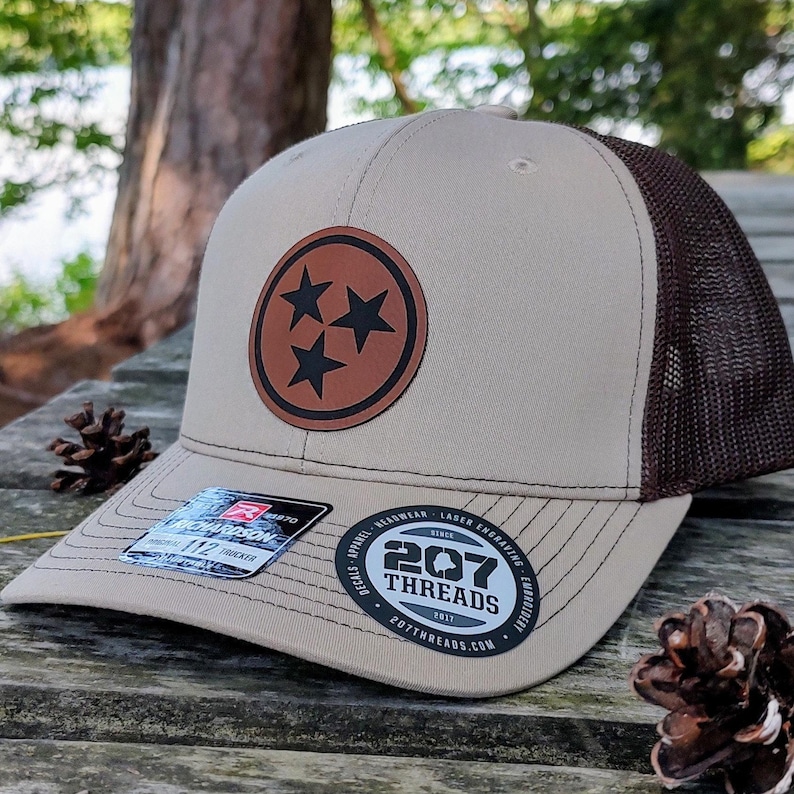 Tennessee Hat - Khaki / Brown - Flag Tri-Star TN Leather Patch Trucker Hat
