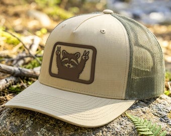 Custom Animal Peace Sign Trucker Hat, Raccoon Moose Cow Dog Cat Bear Faux Leather Patch Cap