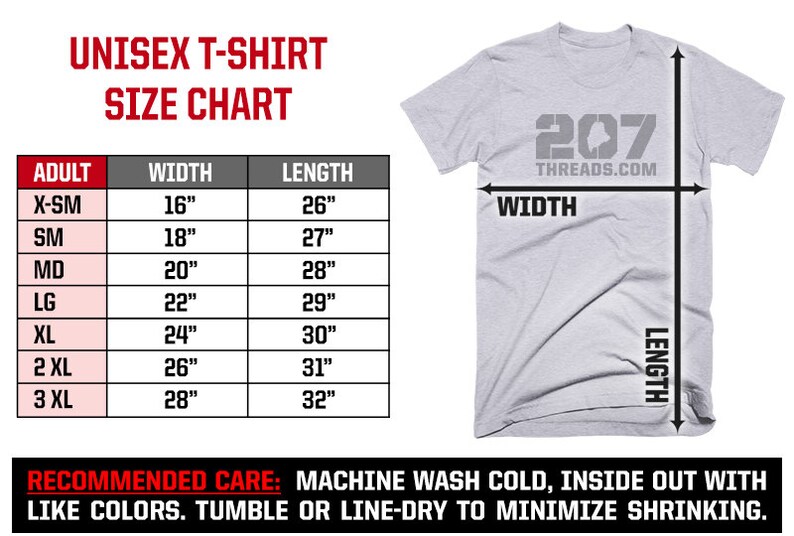 May include: Unisex t-shirt size chart with measurements in inches for width and length. The chart shows sizes from X-Small to 3X-Large. The chart is next to a gray t-shirt with the text "207 THREADS.COM" printed on it.