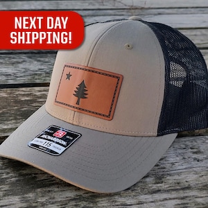 Original Maine Flag Hat, Vintage Maine Patch Hat, Maine Leather Patch Cap, ME 1901 Flag Trucker Hat Maine Gifts for Maine Lovers