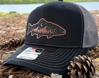 Trout Fishing Hat, Moon & Forest Wilderness Fishing Hat, Mountains Trucker Cap, Outdoors Gifts for Husband Dad Men Him, Fly Fisherman Gifts