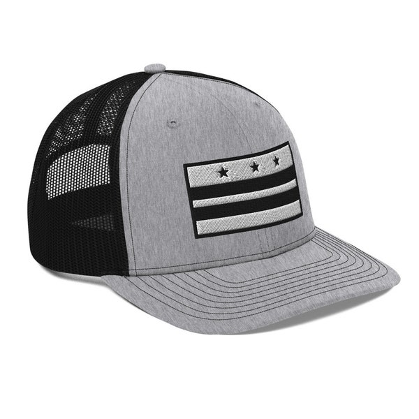 Washington DC Flag Trucker Hat for Men & Women. Washington DC State Snapback Baseball Cap | Black on Black Gray White Patch Hat