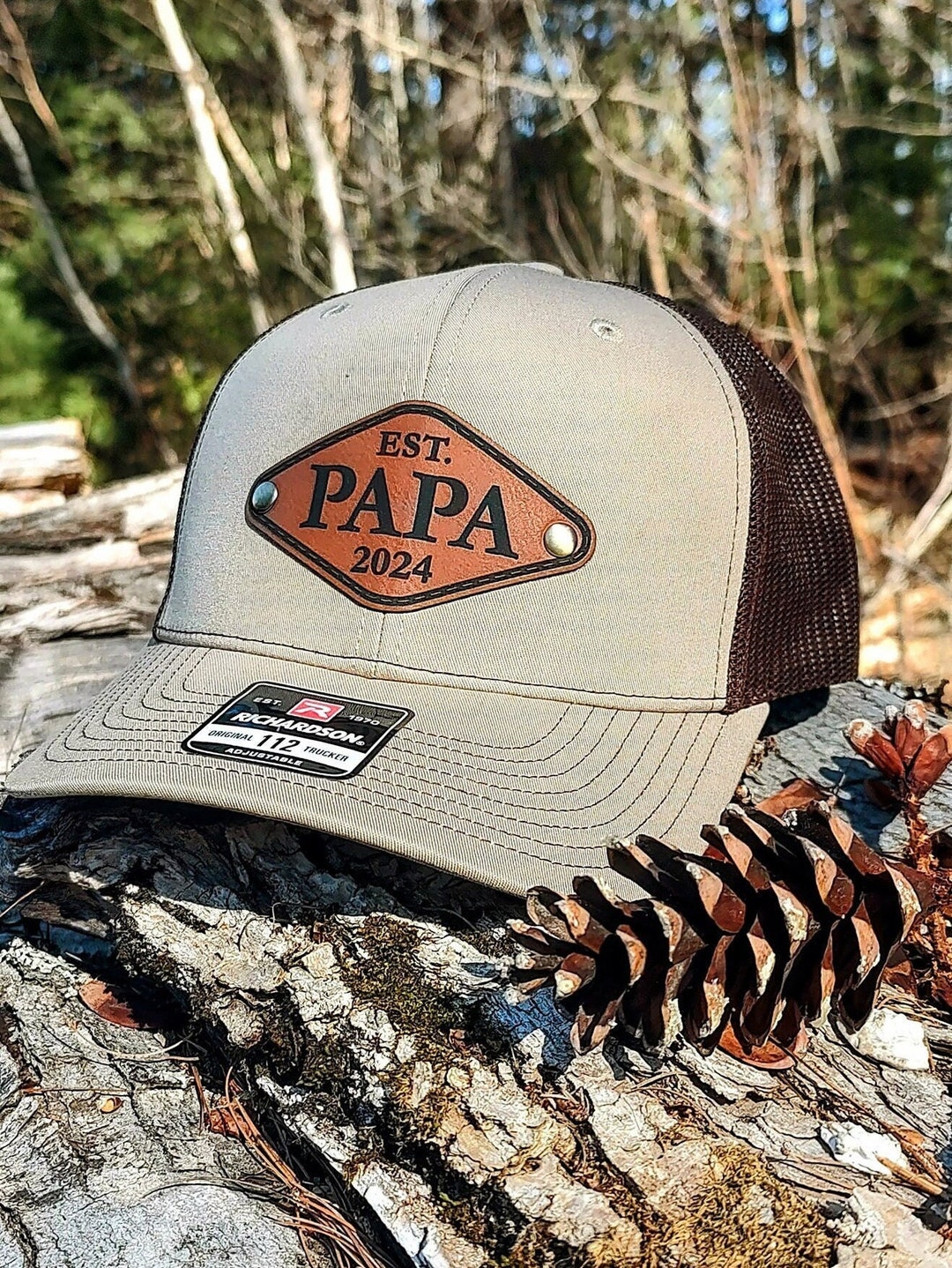 thumbnail interactive-video image 1 of Custom Papa Leather Patch Trucker Hat - Personalized Father Baseball Cap Adjustable 1 of 11
