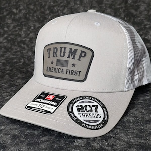 Trump Hat, America First Hat, Grey Trump Patch Cap, MAGA Hat, Republican Camo Trucker TRUMP 2024 USA Gift for Dad, Boyfriend Free Stickers!