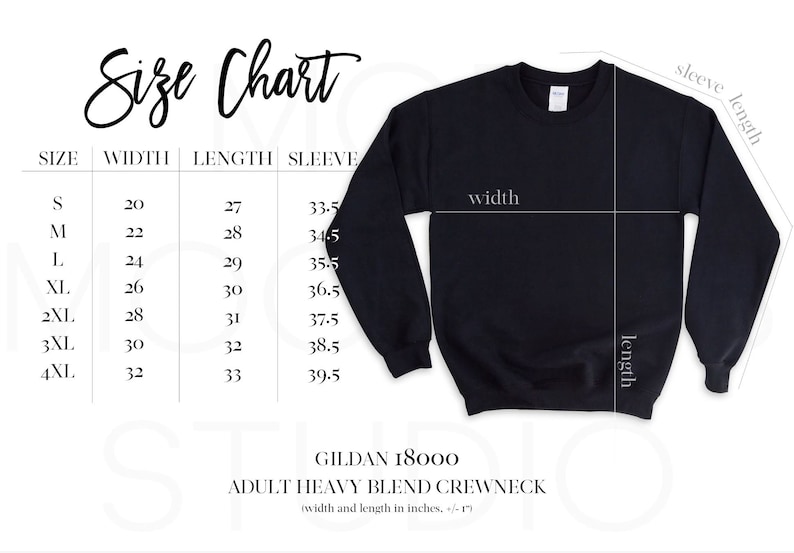 May include: Black Gildan 18000 adult heavy blend crewneck sweatshirt with a size chart. The chart shows measurements in inches for width, length, and sleeve length, ranging from size S to 4XL. The sweatshirt is displayed with measurement lines.