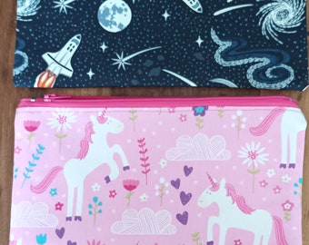 Childs Pencil Case, Zip Fastening. Glow In The Dark Rockets In Space Or Unicorns & Flowers. Boy Or Girls, Kids. Xmas Stocking. Free Delivery