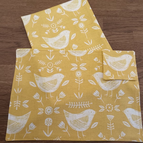 Placemat or Coaster. 100% Cotton Fabric. Bird And Floral Design. Yellow Ochre. Free UK Delivery. For The Home. Kitchenware, Homeware.