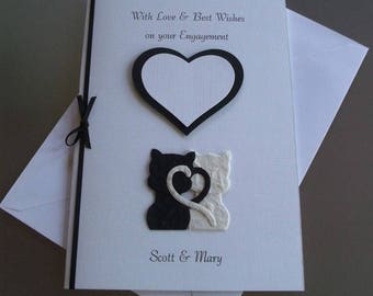 Personalised Wedding, Civil Partnership, Engagement or Anniversary Card 3D Hearts and Cats. Cat Lovers.