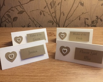 Personalised Wedding Guest Place Card, White Or Ivory Linen Pearl Heart Design. Choice Of Colours. Xmas Table Setting, Party.