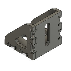 May include: A grey, 3D-rendered metal bracket with a right-angle design. It has multiple holes and cutouts, with decorative notches along the edges. The bracket appears to be a component or part for a larger assembly.