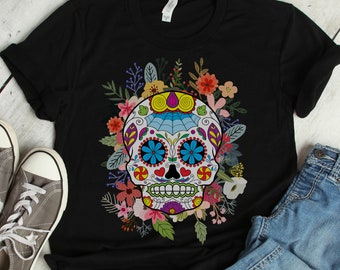 Sugar Skull with Roses Day of the Dead T-Shirt Calavera Skull Tee