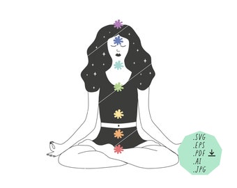 Woman meditating with chakras / digital vector art download / meditation illustration / instant download / digital design / SVG / PDF / JPG