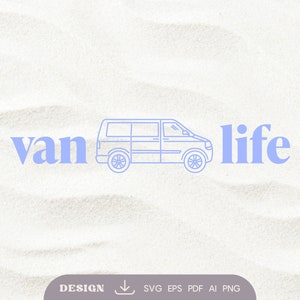 Könnte beinhalten: Eine blaue Umrandung eines Vans mit dem Text "van life" in Blau auf einem weißen Sandhintergrund.