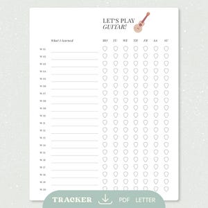 May include: A white guitar practice tracker with the text "LET'S PLAY GUITAR!" and a small guitar illustration. The tracker includes spaces to record what was learned and a weekly schedule with guitar pick icons.