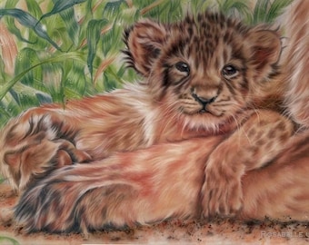 Lion cub art, Lioness and cub art ORIGINAL drawing - Big cat wildlife art - Hand drawn artist signed, original art FREE SHIPPING Worldwide