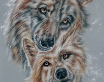 Wolf Art - ORIGINAL Zeichnung - Spirit animal art - Wolf und Jungtier Handgezeichnet Künstler signiert Weltweit versandkostenfrei