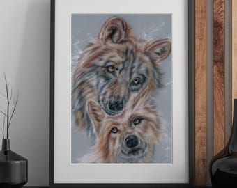 Original Wolf & Cub Pastel Drawing: Signed Spirit Animal Art