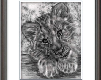 Lion Cub art print, Black and White Print, Lion art, Baby Animals, Nursery Art, Big cats art print,