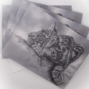 May include: A black and white drawing of a tiger cub looking up at the sky. The cub is lying on a rock with a soft, grey background.