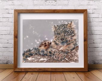 Snow Leopard Pastel Drawing: Signed Original Art with FREE Bookmarks