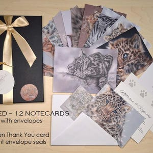 May include: A black gift box tied with a gold ribbon, containing note cards with animal illustrations. The set includes 12 note cards, each 17.78 x 12.7 cm, with envelopes, a gift tag, and a thank you card.