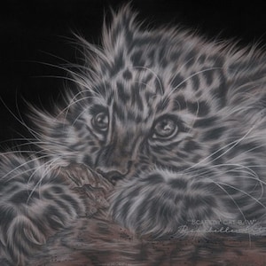 Petit léopard de l&#39;amour Dessin au pastel ORIGINAL en noir et blanc, 13 pouces x 10 pouces, signé par l&#39;artiste