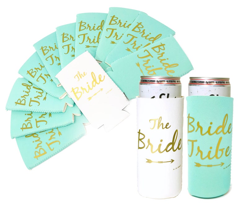 BRIDE TRIBE Bachelorette Party Skinny Slim Can Coolers Mint Green /& White Bridesmaid Proposal Box Favors Decorations for Spiked Seltzers