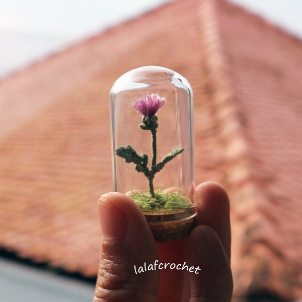 Miniature scottish thistle glass cloche dome, Tiny glass terarium, Fairy Flower Garden,  Mother's day gift, Dollhouse Decor, Wish bottle