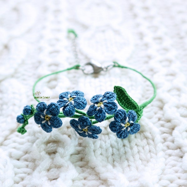 Forget me not bracelet - Cute crochet bracelet - Blue flower jewelry - Gift for her, Birthday gift, Unique bangle, Mother's day gift