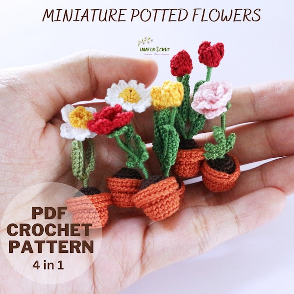 Crochet potted flowers pattern bundle, 4 in 1 Crochet mini flower pot pattern: Rose, daisy, daffodil and tulips