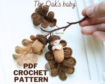 Crochet pattern Oak branch and baby doll, Crochet autumn oak leaves pattern, Crochet baby doll pattern, PDF instant download