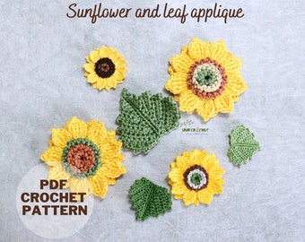 Crochet Sunflower and Leaf applique Pattern - Crochet flower embelishment - PDF Instant Download