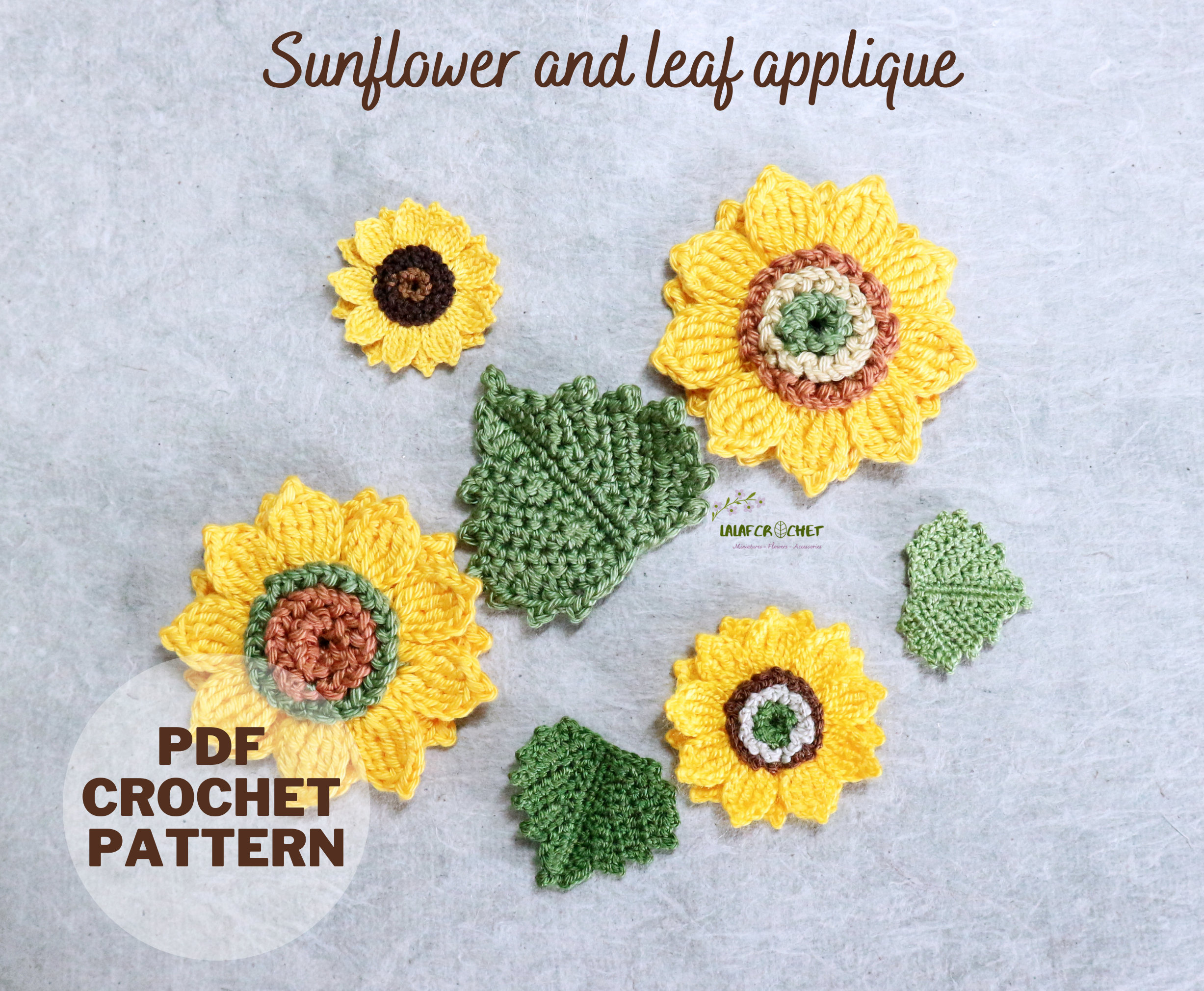 sunflower様 リクエスト 2点 まとめ商品 Crochet Sunflower and Leaf Applique Pattern - Crochet Flower