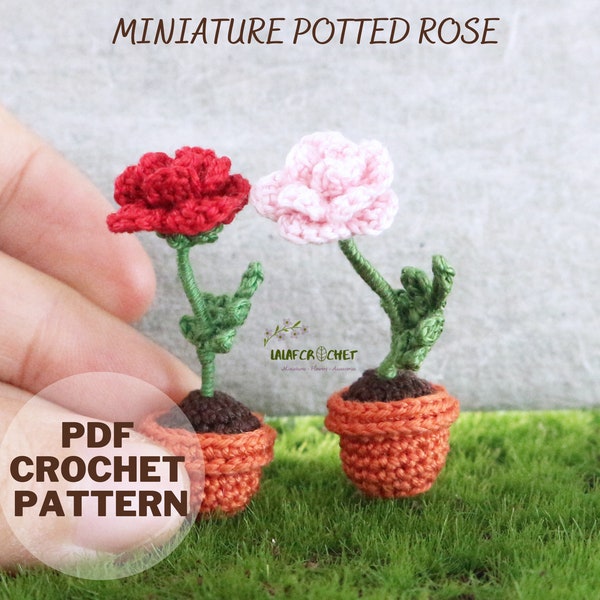 Patrón de rosa en maceta de crochet, Patrón de mini planta en maceta de crochet, Maceta de decoración de casa de muñecas de crochet, Descarga instantánea en PDF