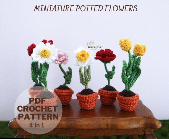 Crochet Potted Flowers Pattern Bundle, 4 in 1 Crochet Mini Flower Pot  Pattern: Rose, Daisy, Daffodil and Tulips 