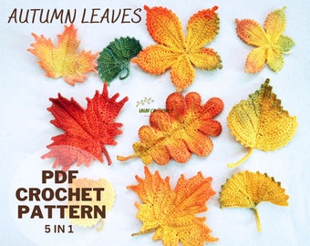 Crochet Autumn Leaves Pattern Bundle - Maple, Oak, Birch, Ginkgo, Chestnut - DIY Thanksgiving Decor