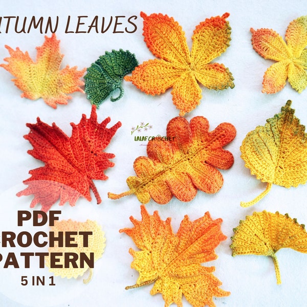 Crochet Autumn Leaves Pattern Bundle - Maple, Oak, Birch, Ginkgo, Chestnut - DIY Thanksgiving Decor