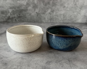 Handmade Ceramic Matcha Bowl, blue, white, wheel thrown