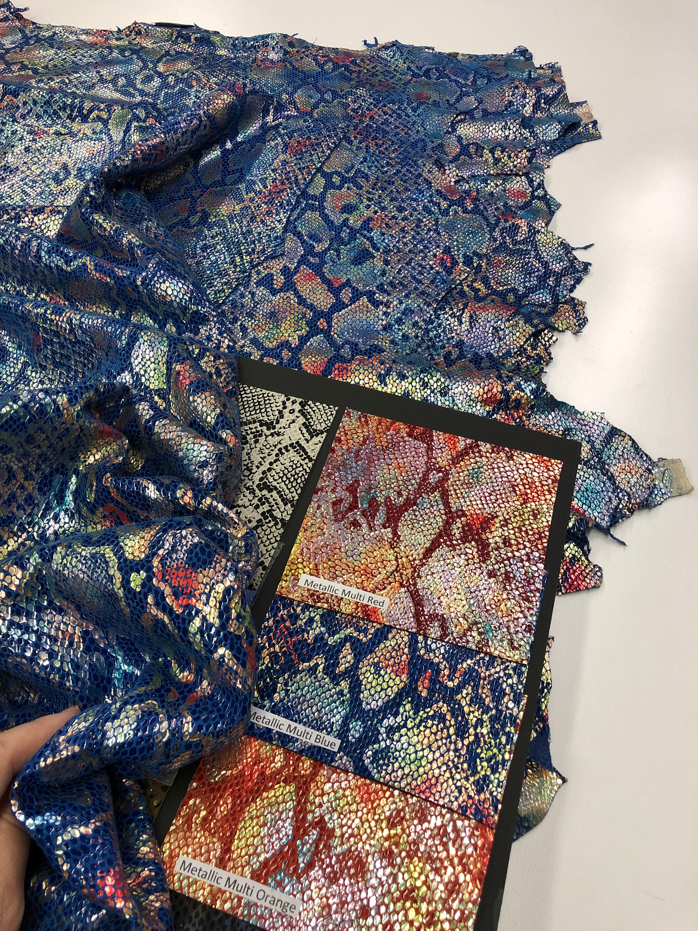 PYTHON PRINT GENUINE Leather Multi Metallic in Red, Blue, Orange ...