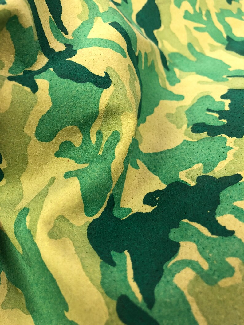 LEATHER CAMOUFLAGE Genuine Suede/GREEN tones Teal, Forest Green and Mint on Light Green Suede, Lightweight 0.7mm, Choose Your Size image 10