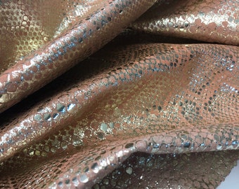 Peach Python Print Leather Sheet, Metallic Gold Snake Skin