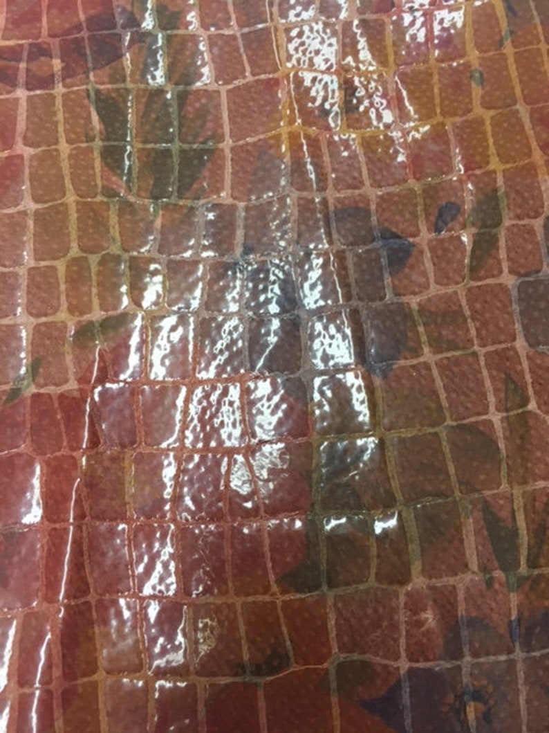 LEATHER SHEET Rust Cogniac Color Large Printed Crocodile with Floral Large Undertone Print in Dark Green Navy Dark Red Thickness 0.7mm