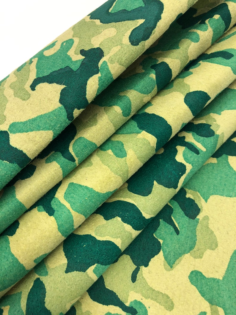 LEATHER CAMOUFLAGE Genuine Suede/GREEN tones Teal, Forest Green and Mint on Light Green Suede, Lightweight 0.7mm, Choose Your Size image 5