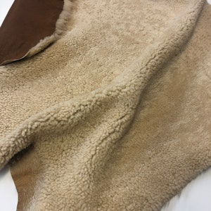 Sheepskin Authentic Small Curl Leather, Beige Shearling Dark Tan Nappa Leather, Hair on Sheepskin, Natural Shearling Wool